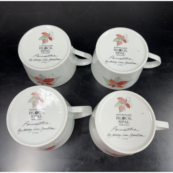 4 Block Spal Poinsettia Watercolors‎ Mary Lou Goertzen Coffee Cups Mugs EUC - Picture 2 of 11